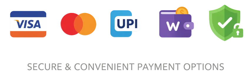Logos of Visa, Mastercard, UPI, and others on a white background with text 'Secure & Convenient Payment Options'.